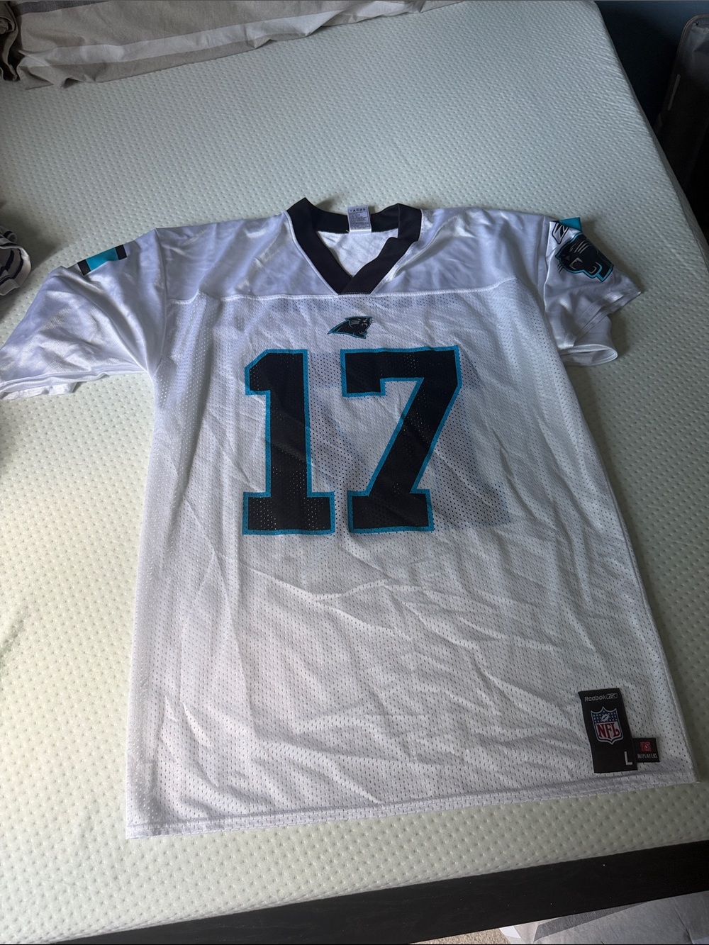Reebok White Carolina Panthers #17 Football Jersey with Teal Trim